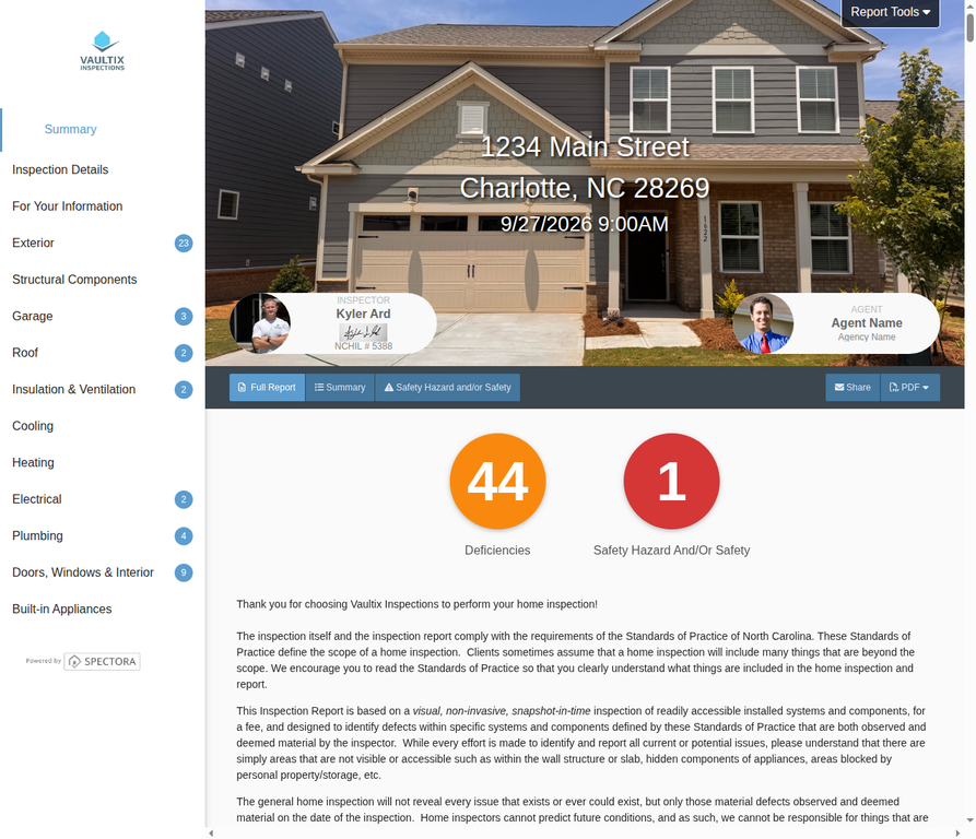 Actual public Vaultix Spectora sample report with property photo, navigation and finding categories